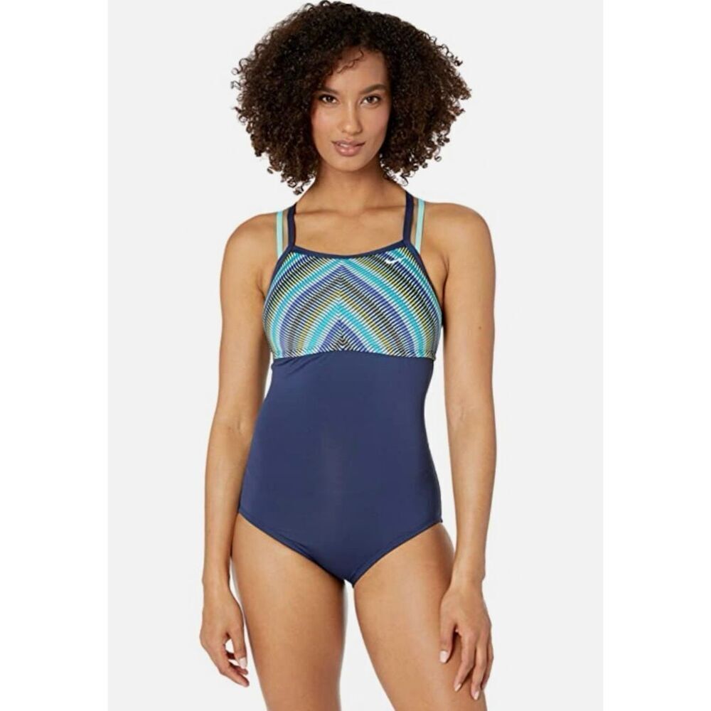 Nike Womens Navy Stripe Double Cross-Back One Piece Swimsuit Size Large